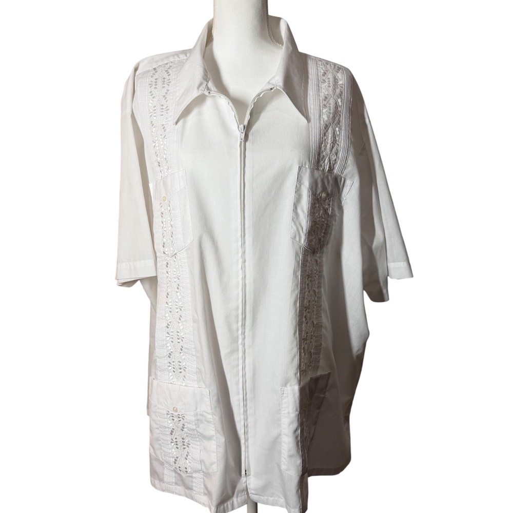 Haband Guayabera Zip Front Shirt 3X White‎ Good Embroidered Pleated Mexican Mens